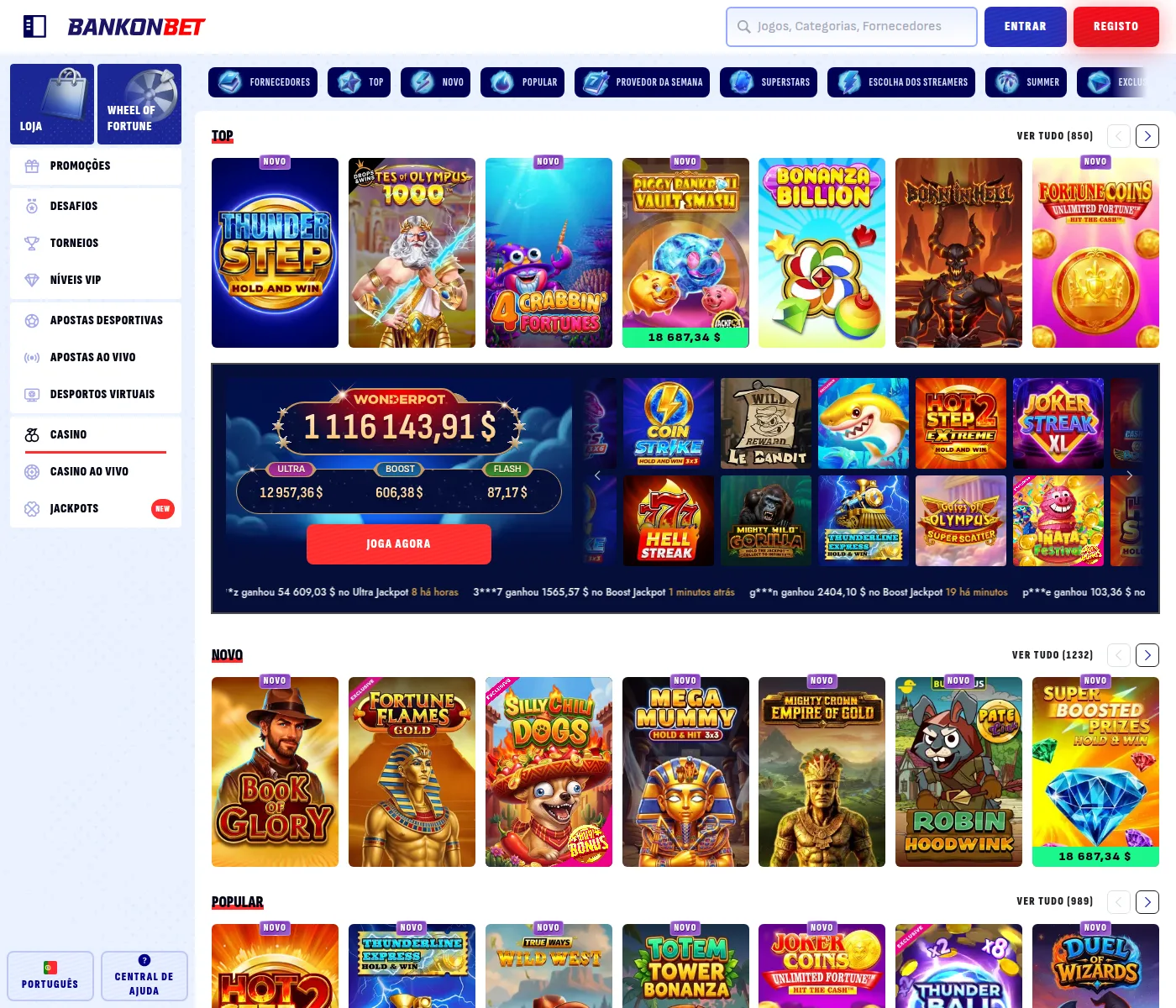 Catálogo da Bankonbet com 850 jogos no topo e as prateleiras Bonus Buys e Megaways