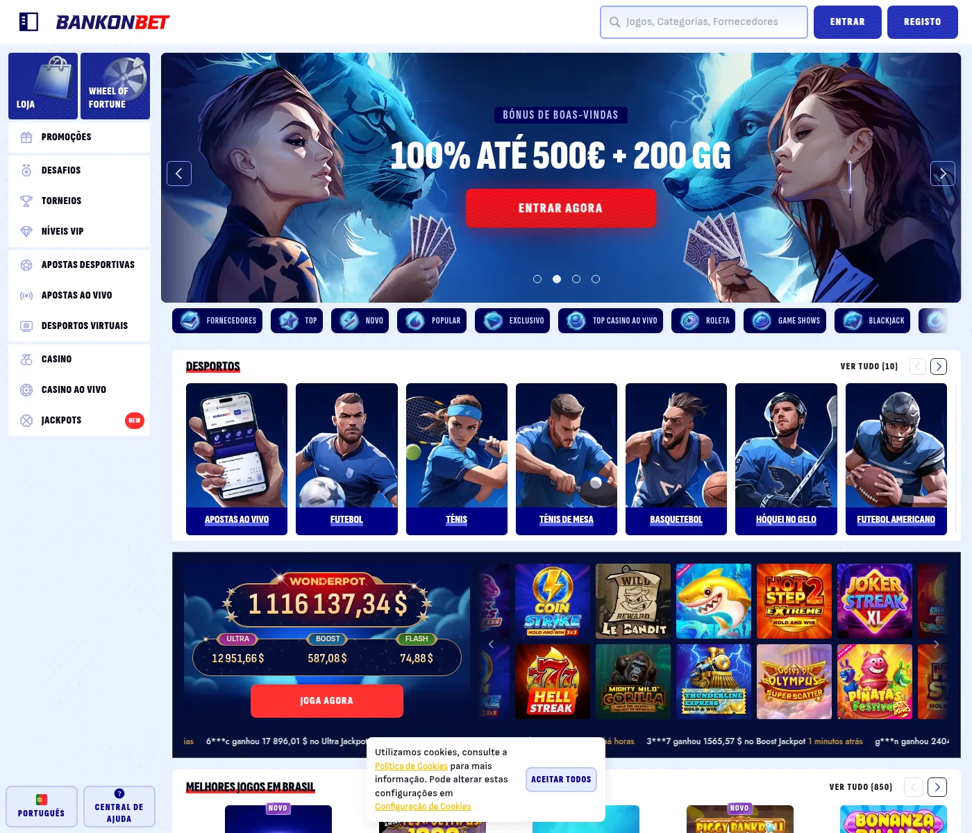 Página inicial da Bankonbet com os bônus em euros e o menu de apostas desportivas