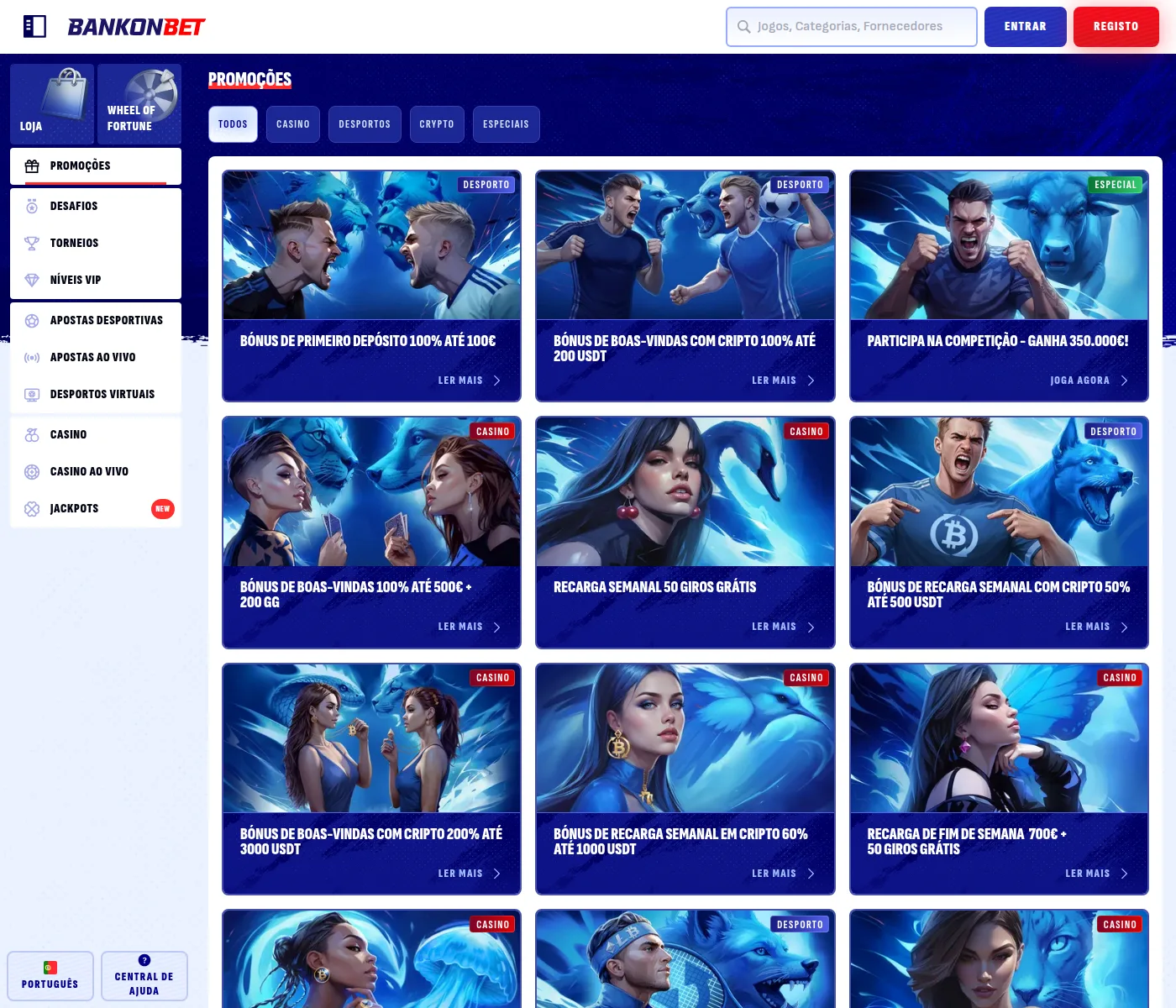 Página de promoções da Bankonbet, com todas as ofertas em euros ou em USDT