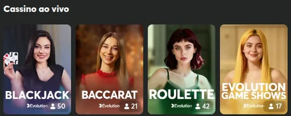 Fila Cassino ao vivo da BC.Game com o movimento de cada mesa: 50 pessoas no Blackjack, 21 no Baccarat, 42 na Roulette e 17 nos Game Shows da Evolution