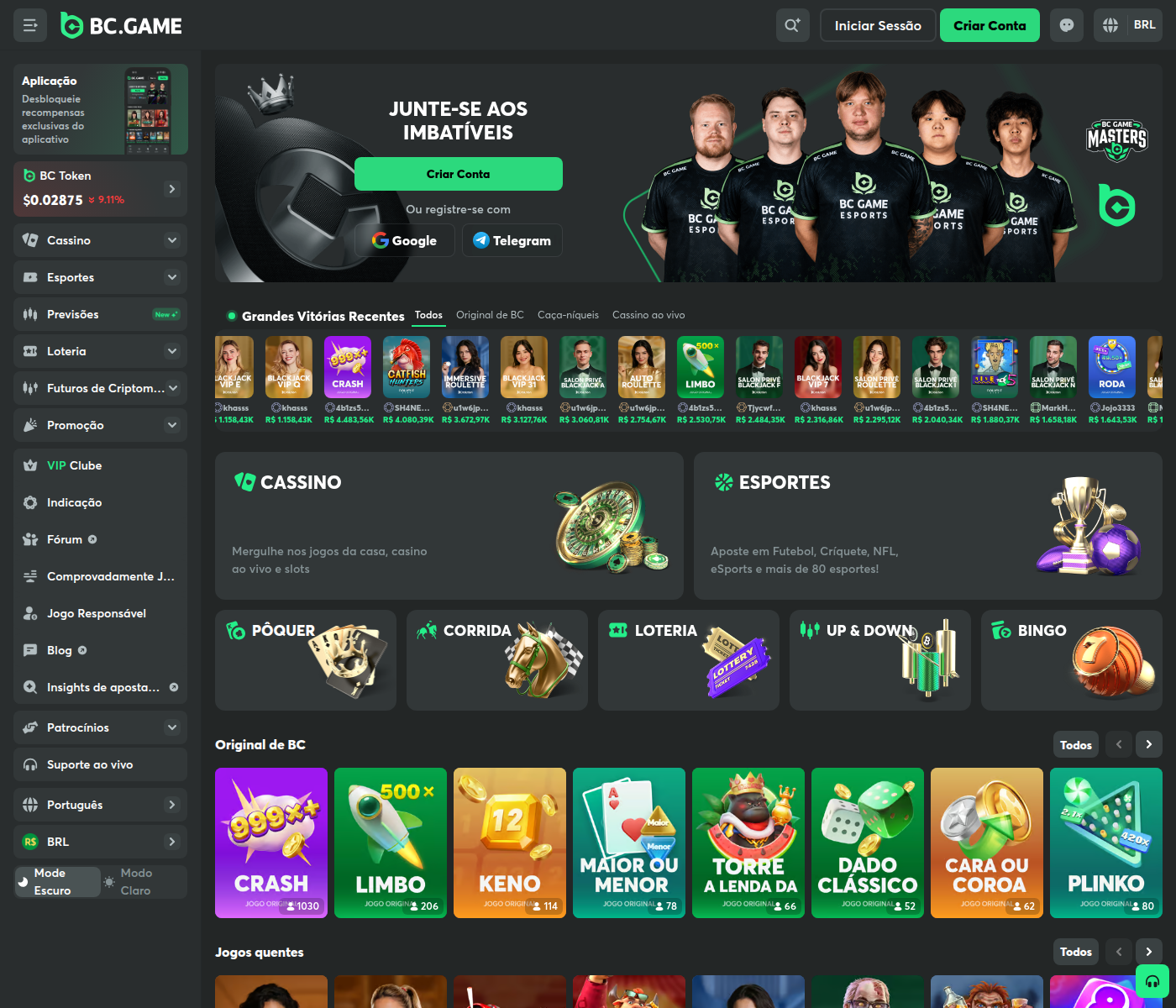 Página inicial da BC.Game com ganhos recentes em reais e jogos originais