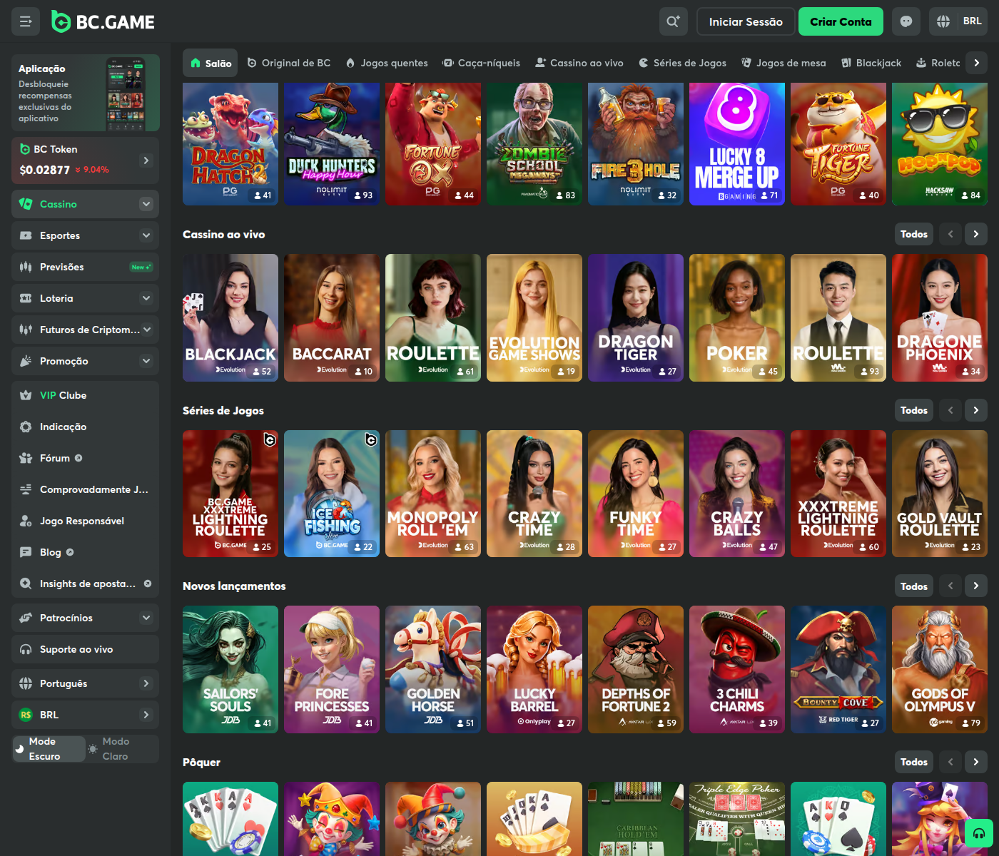 Catálogo de caça-níqueis da BC.Game com contadores de jogadores