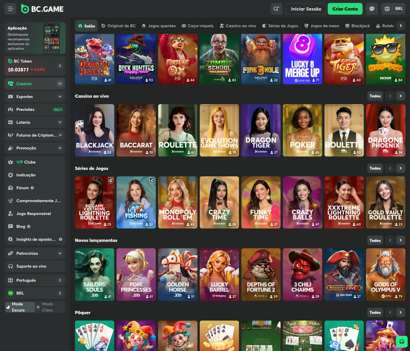 Catálogo de caça-níqueis da BC.Game com contadores de jogadores