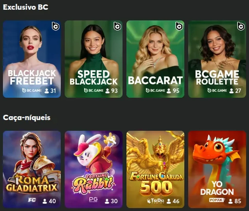 Prateleiras Exclusivo BC e Caça-níqueis da BC.Game com o número de pessoas a jogar em cada título — 93 no Speed Blackjack, 95 no Baccarat, 85 no Yo Dragon