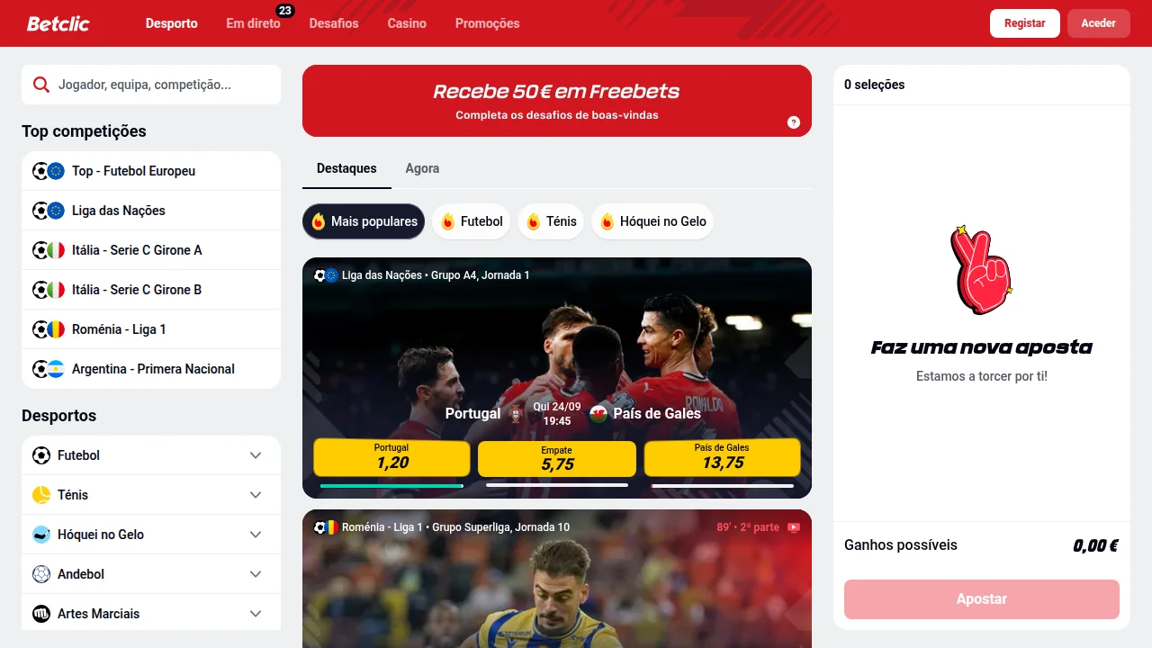 Página inicial da Betclic, casa de apostas com licença do SRIJ