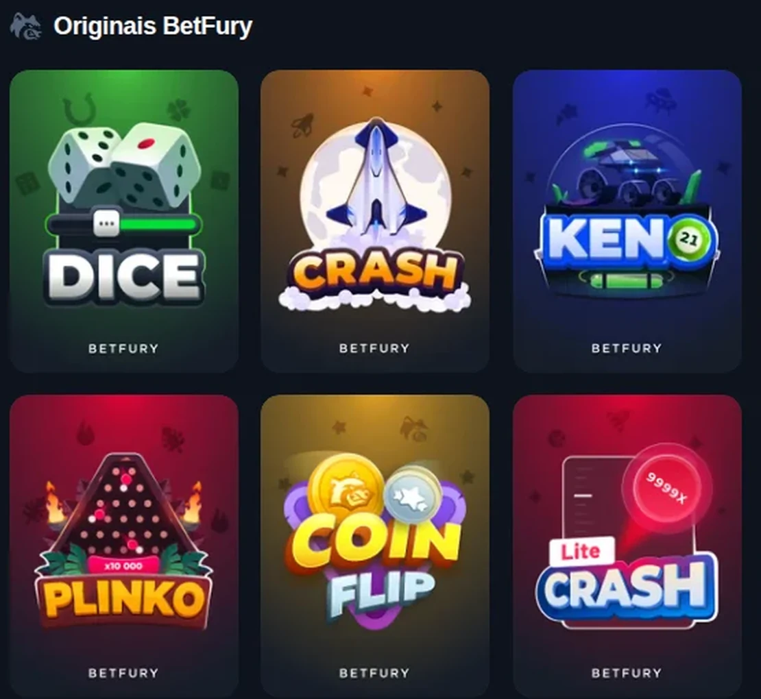 Originais BetFury, os jogos próprios da casa: Dice, Crash, Keno, Plinko, Coin Flip e Crash Lite