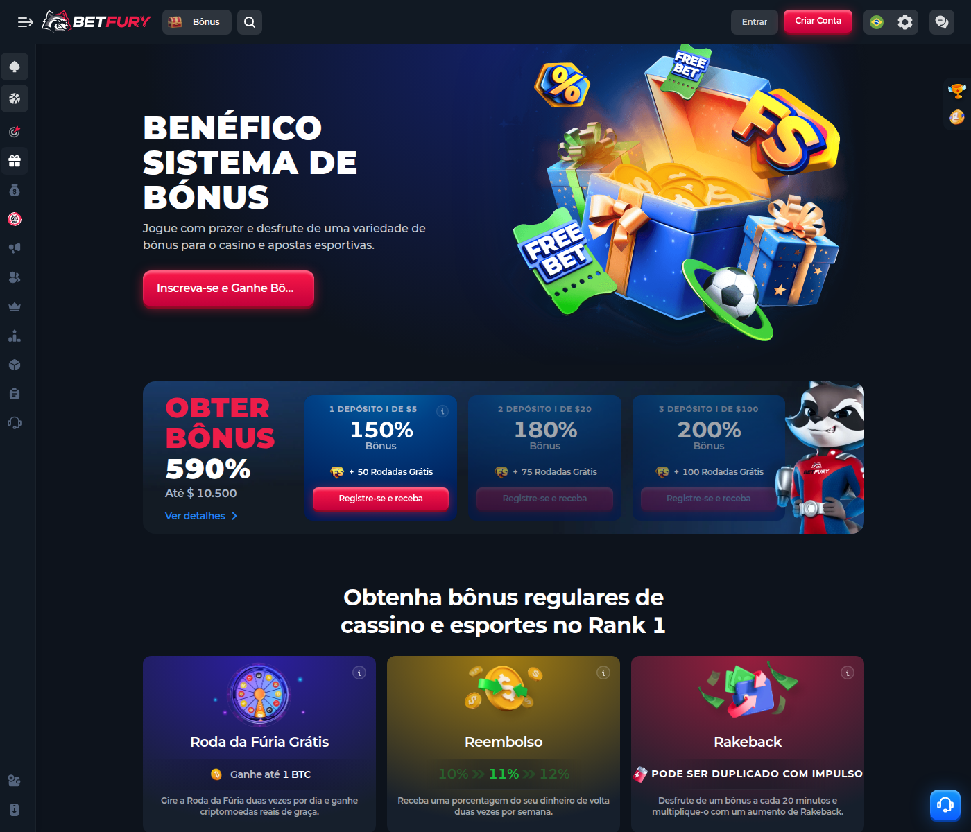Sistema de bônus da BetFury com os três depósitos e a Roda da Fúria
