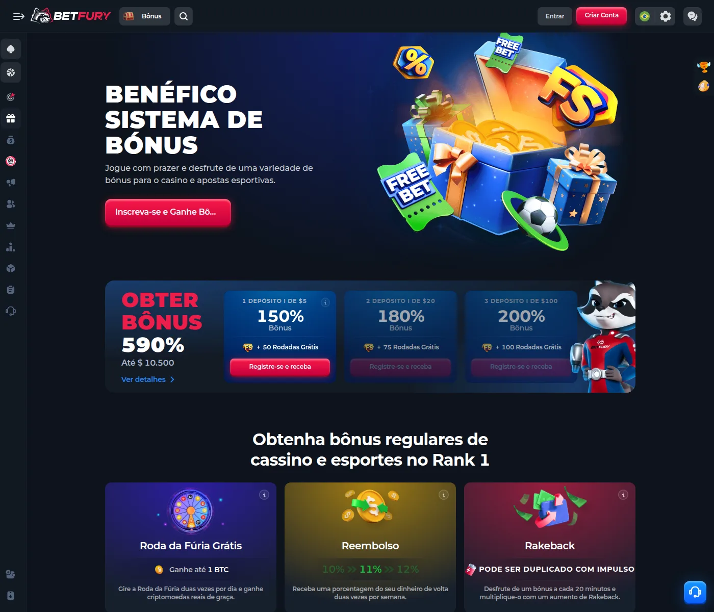 Sistema de bônus da BetFury com os três depósitos e a Roda da Fúria