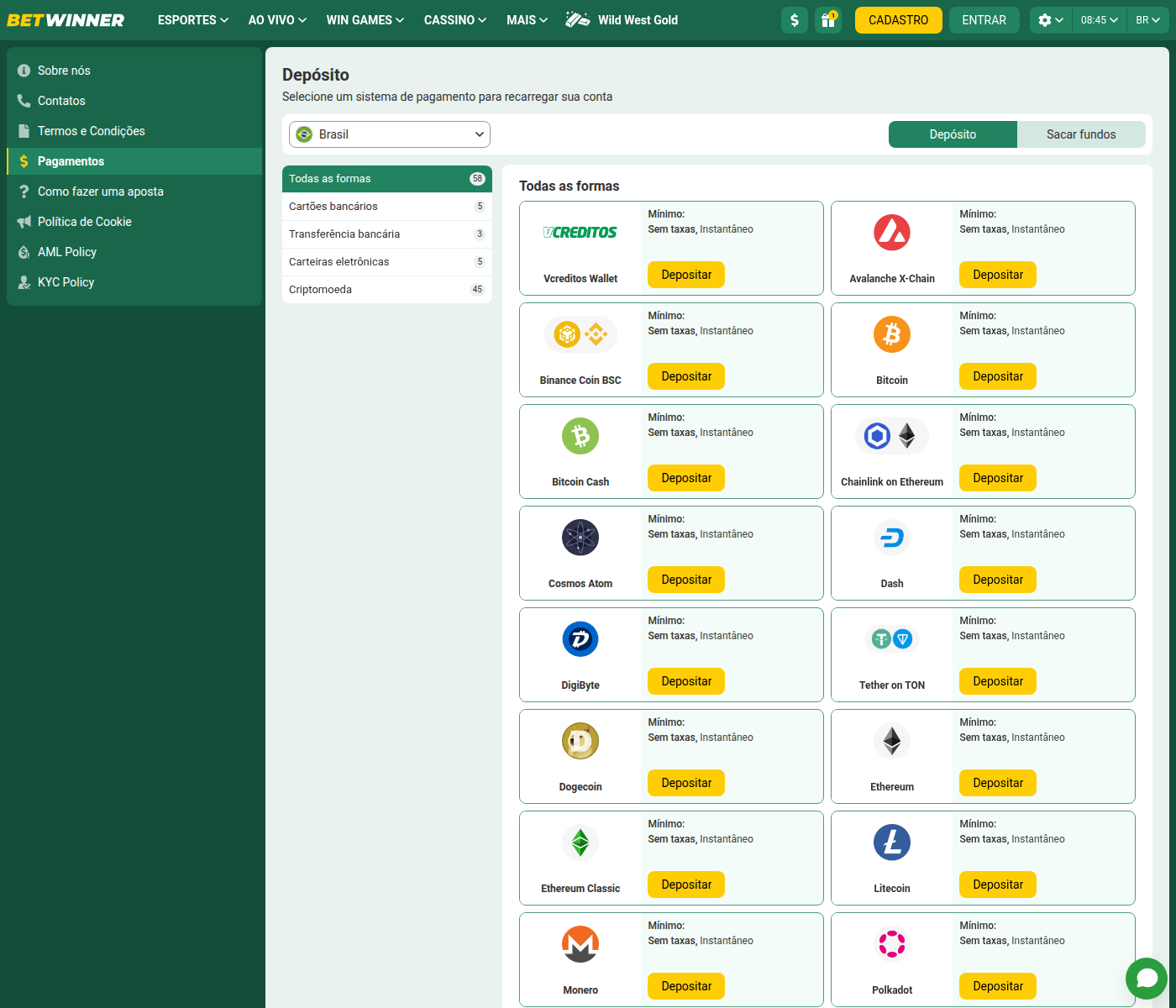 Página de pagamentos da BetWinner com 58 métodos, limites e prazos