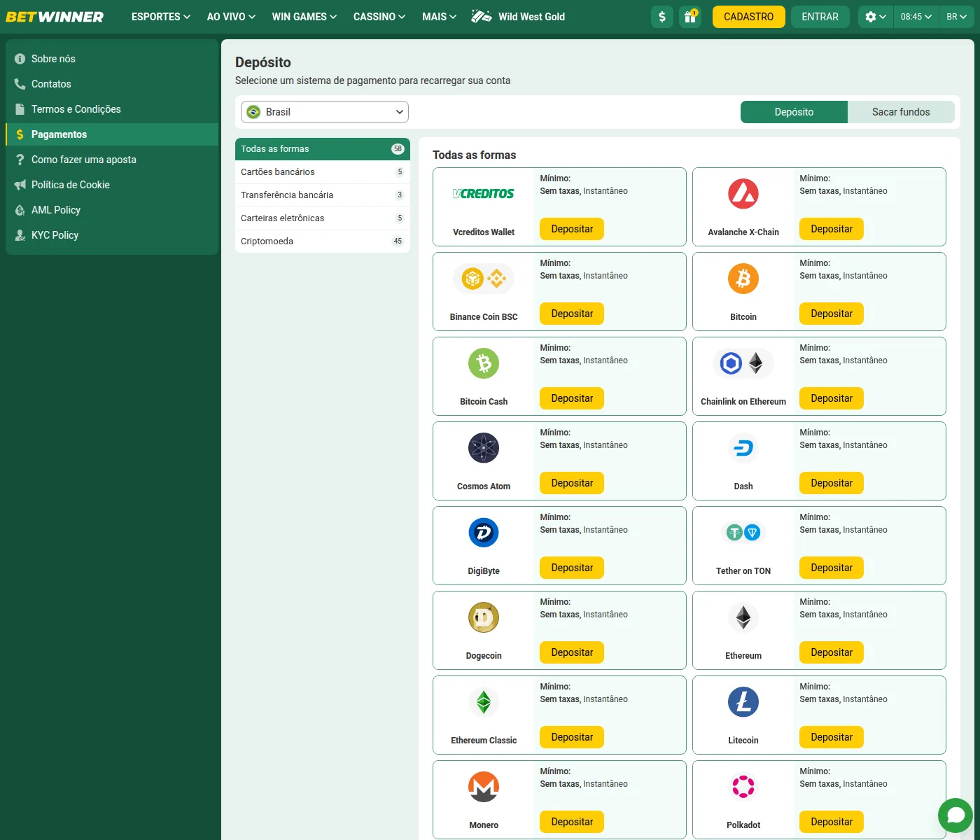 Página de pagamentos da BetWinner Brasil com 58 métodos e limites