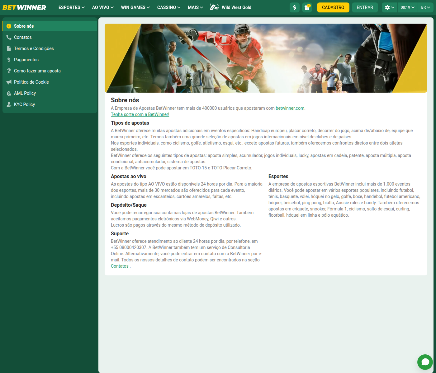 Rodapé da BetWinner com autoexclusão, resolução de disputas e políticas KYC e AML