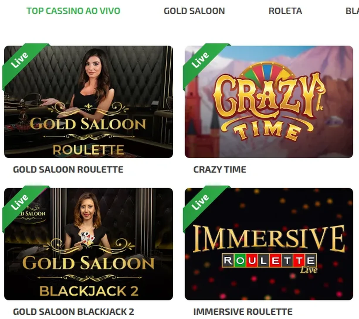 Cassino ao vivo do BoaBoa Casino com as abas Top Cassino ao Vivo, Gold Saloon e Roleta e as mesas Gold Saloon Roulette, Crazy Time, Gold Saloon Blackjack 2 e Immersive Roulette