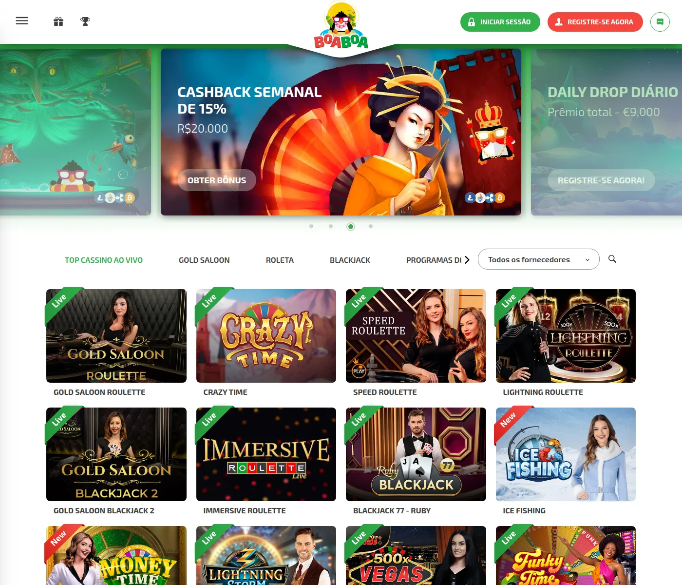 Cassino ao vivo do BoaBoa Casino com as mesas de blackjack, roleta e bacará