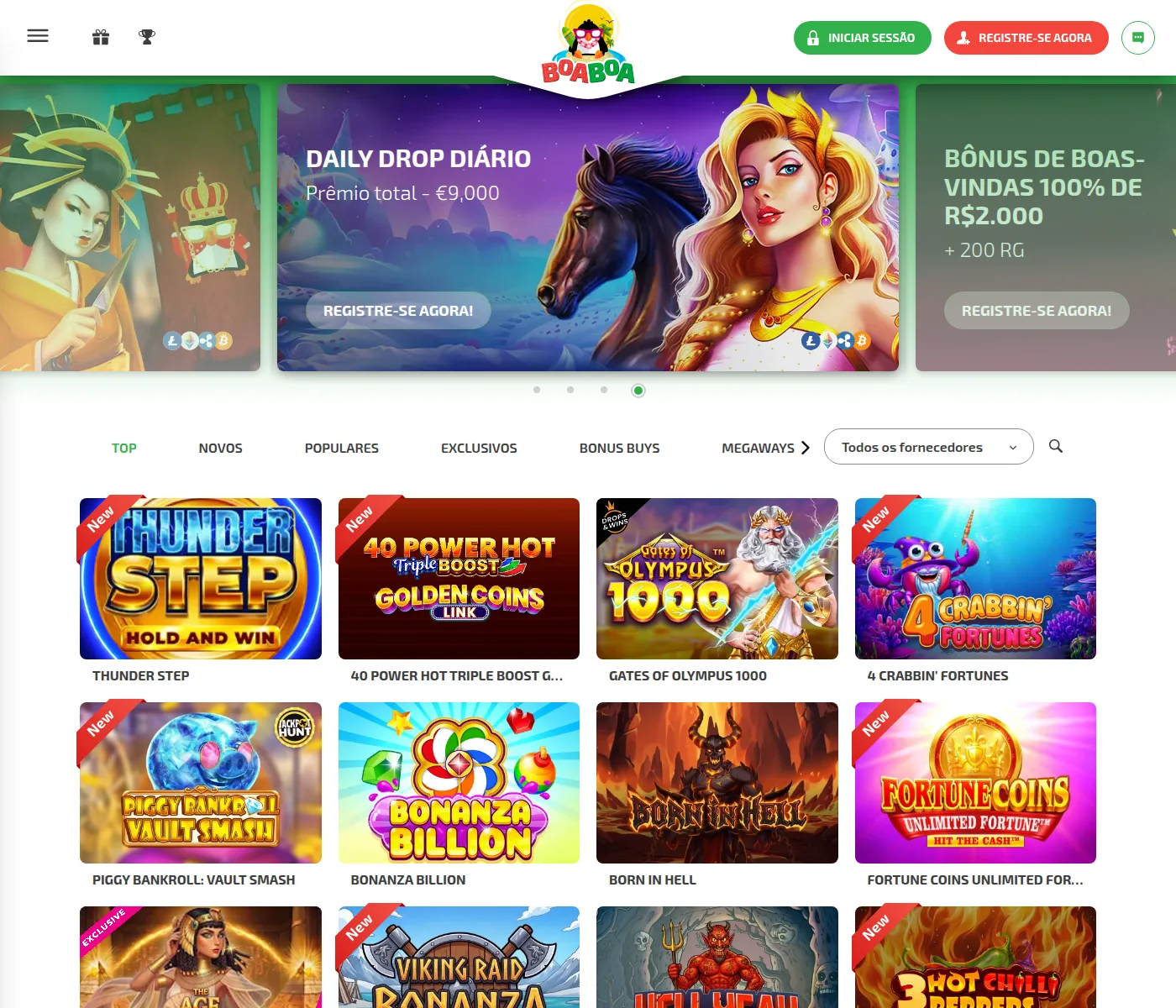 Catálogo do BoaBoa com os botões Jogar no Real e Jogue por Diversão em cada jogo