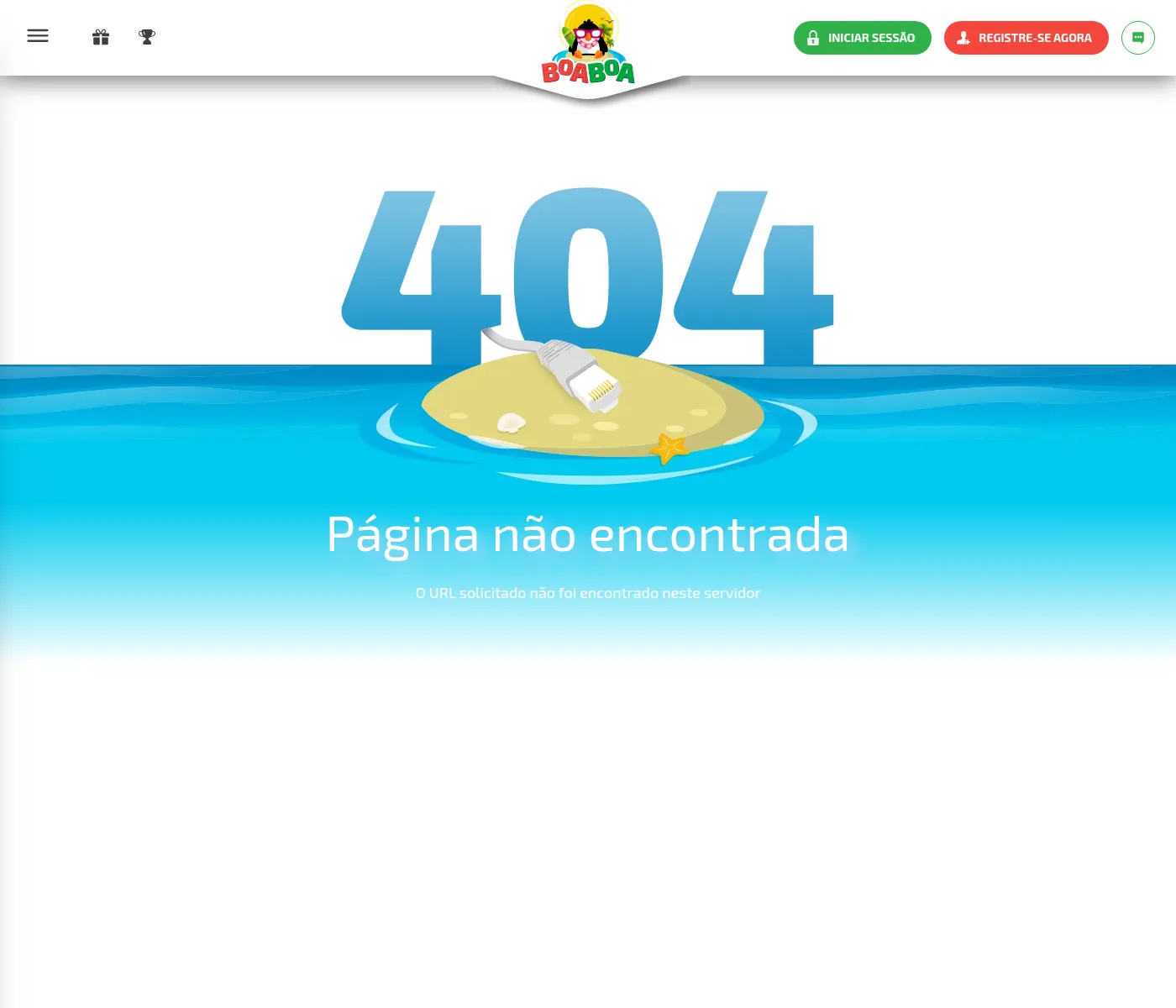 A página de pagamentos do BoaBoa Casino devolve página não encontrada