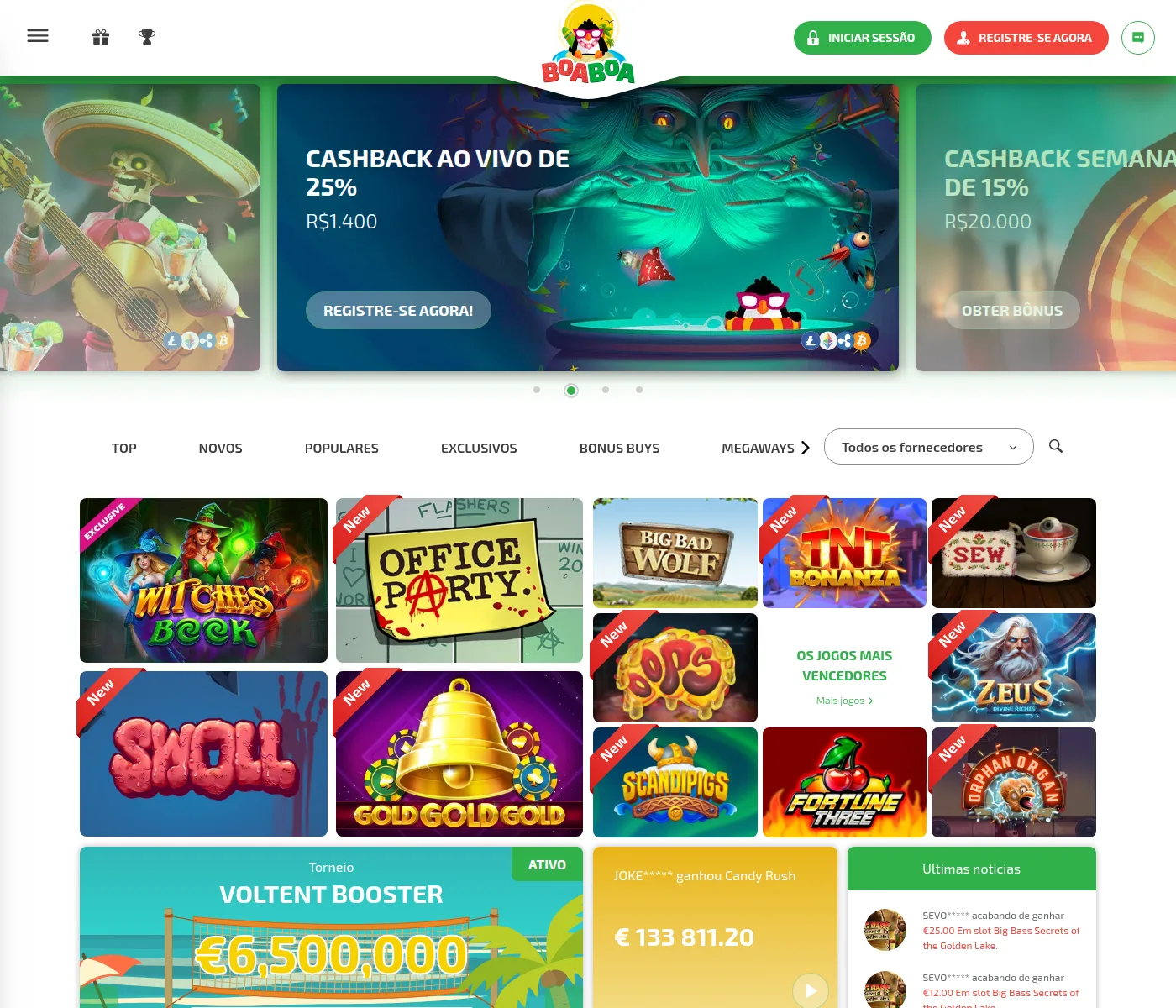 Página inicial do BoaBoa Casino com o carrossel de bônus e o Daily Drop em euros