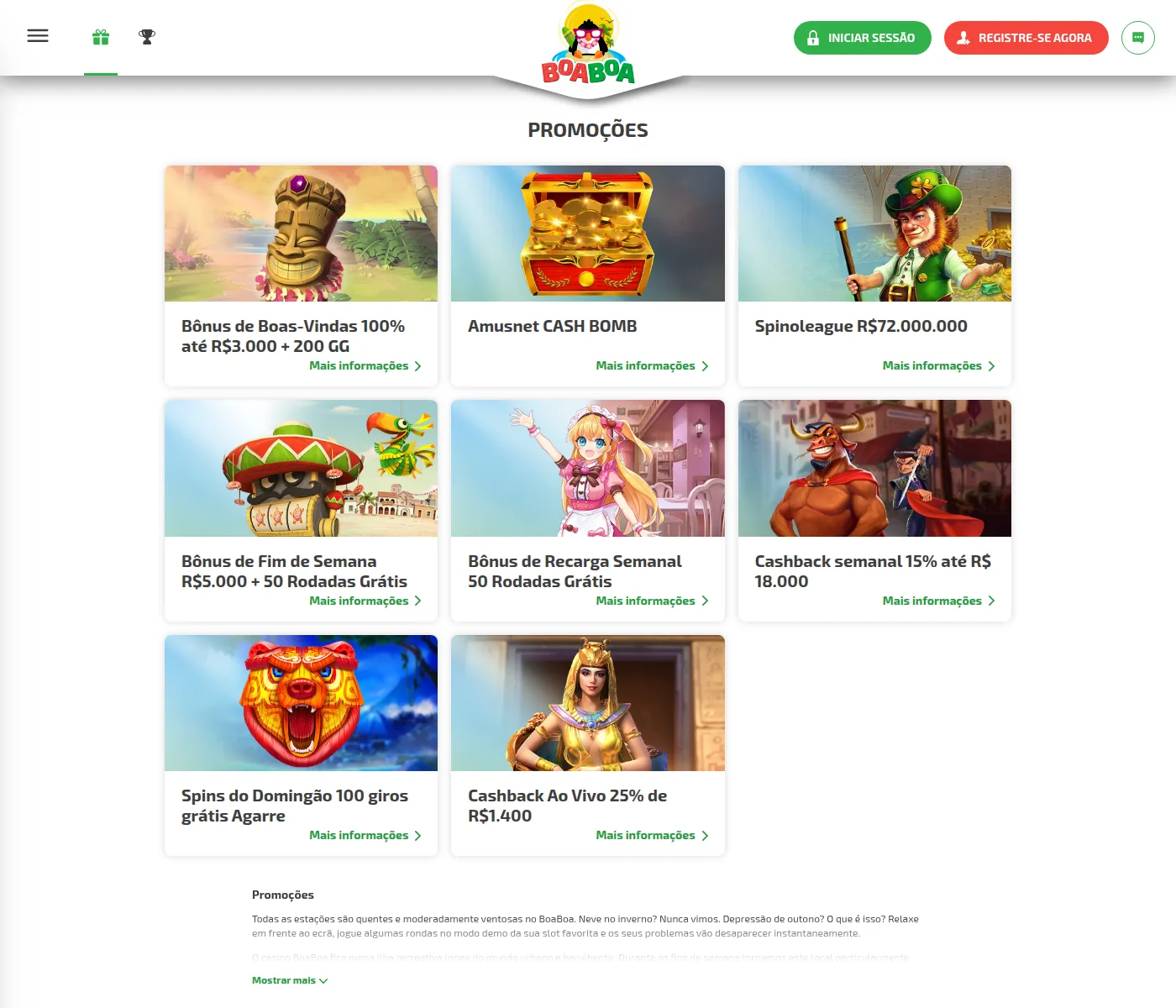 Página de promoções do BoaBoa com valores diferentes dos anunciados no carrossel