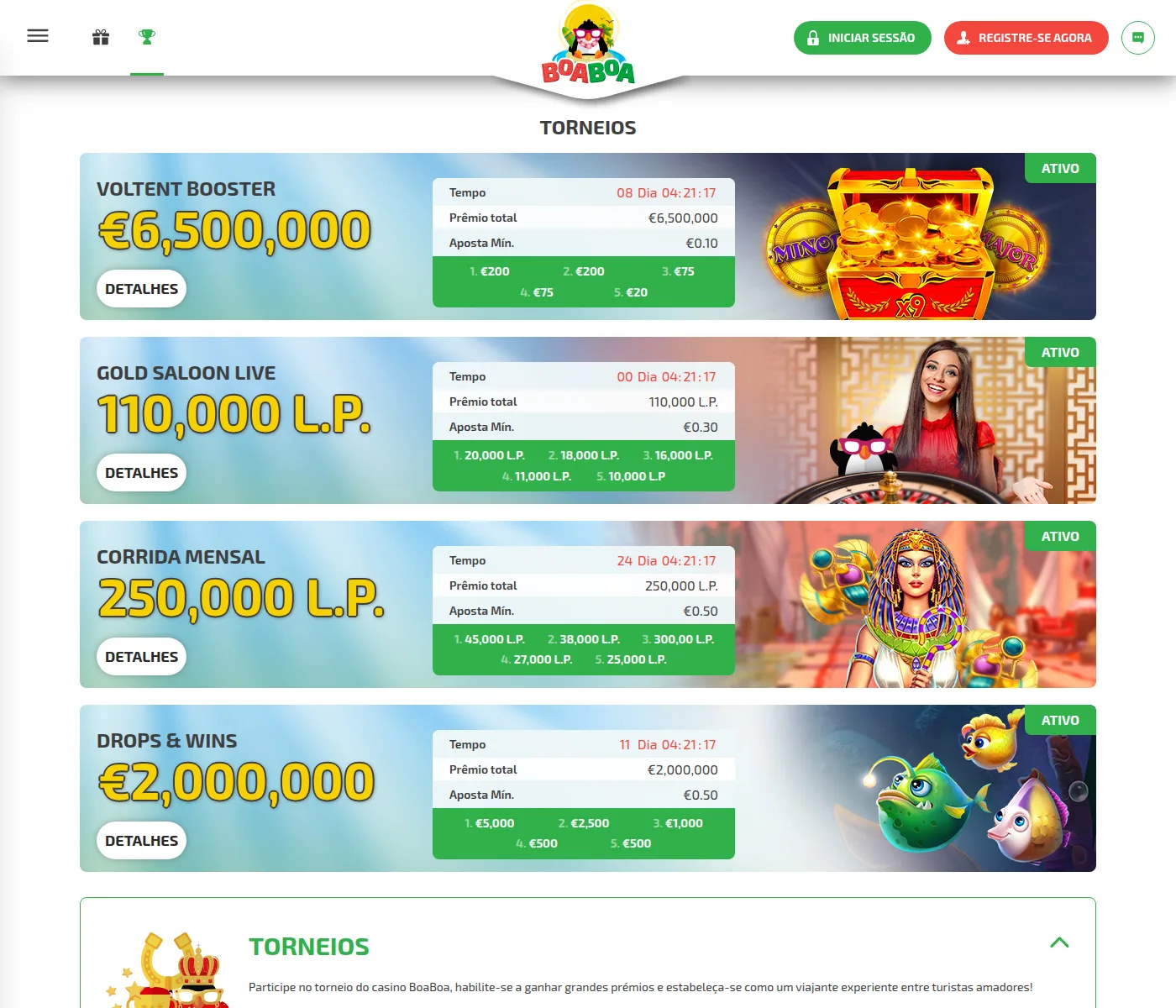 Torneios do BoaBoa Casino, com prémios em euros e em pontos de fidelidade