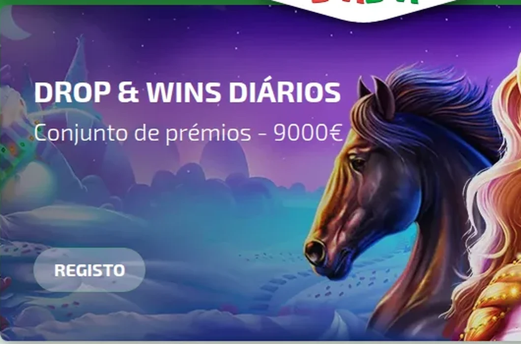Banner do BoaBoa Casino visto do Brasil: «Drop & Wins diários — Conjunto de prémios - 9000€» e o botão «Registo», em português de Portugal e em euros