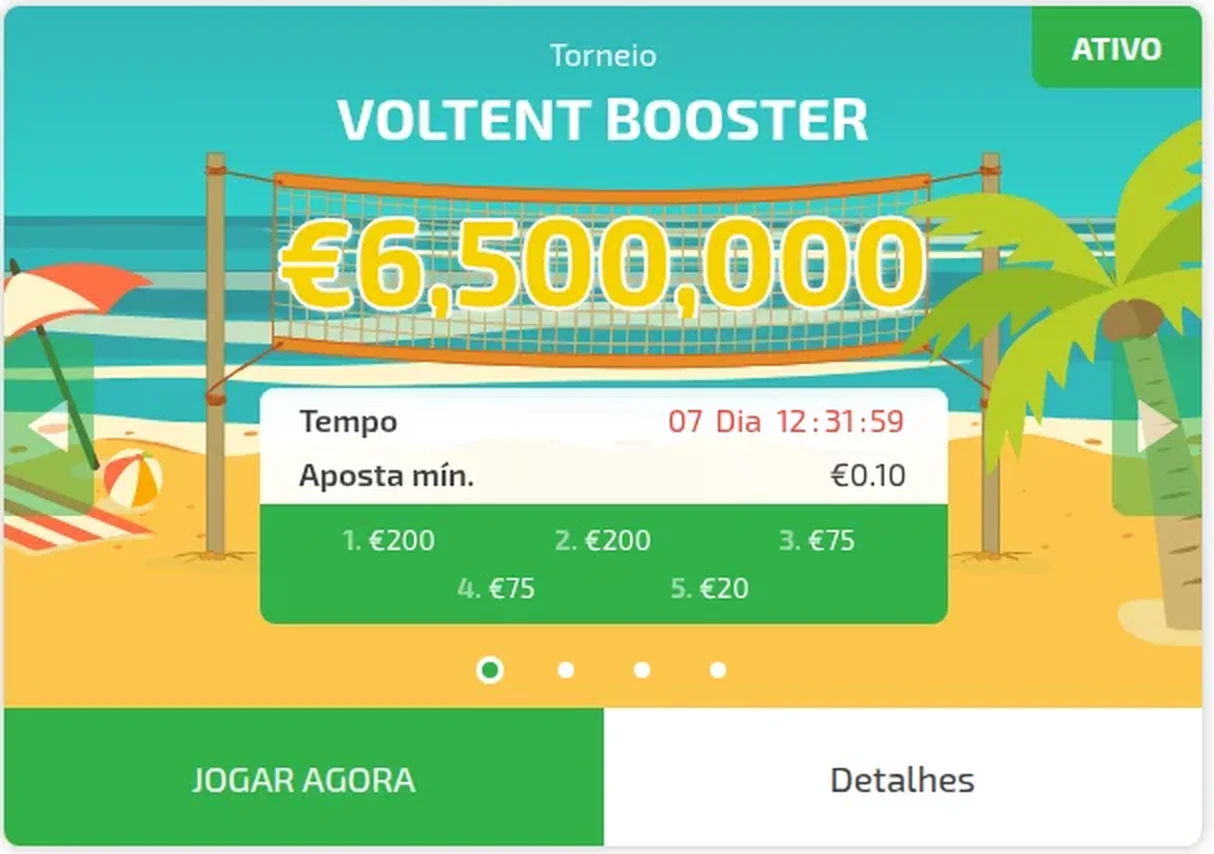 Torneio Voltent Booster no BoaBoa Casino com prêmios em euros — €6.500.000 no total, aposta mínima de €0,10 e €200, €200, €75, €75 e €20 aos cinco primeiros