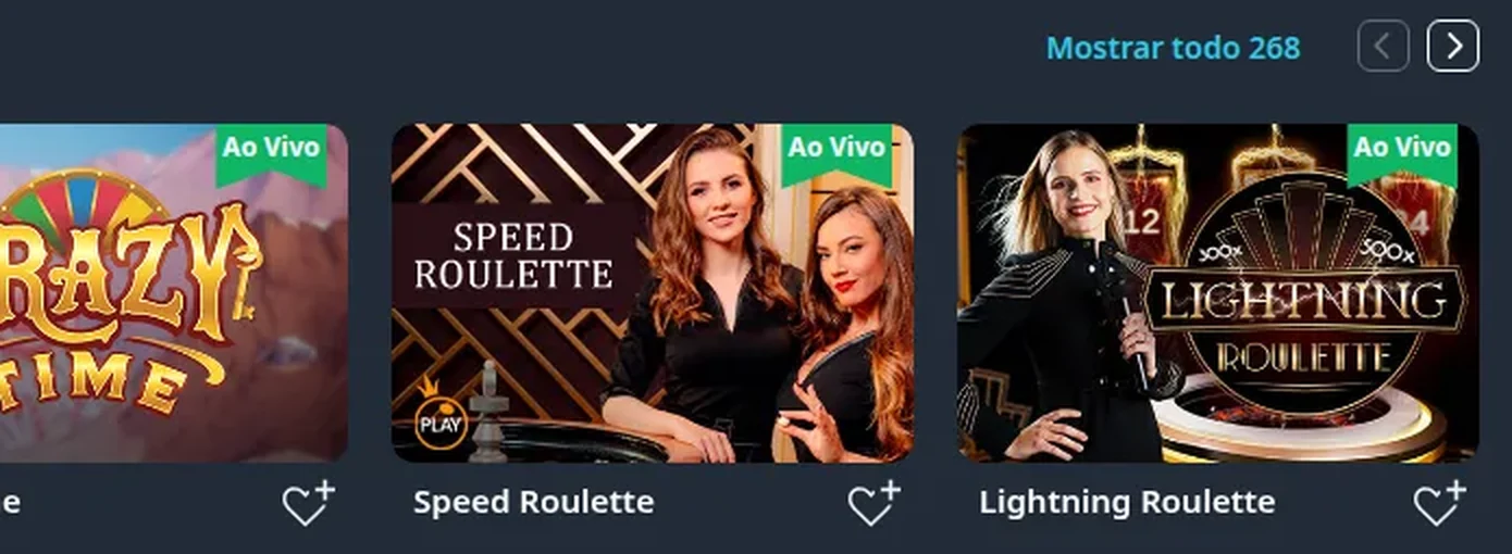 Prateleira Top Cassino ao Vivo da Buran com o contador «Mostrar todo 268» e as mesas Crazy Time, Speed Roulette e Lightning Roulette