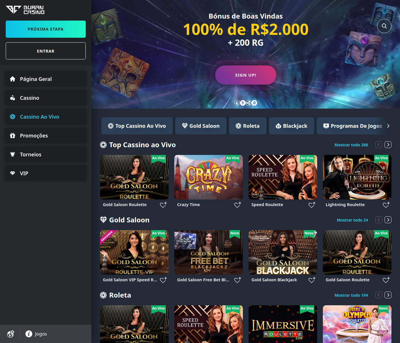 Cassino ao vivo do Buran com 268 mesas, incluindo Crazy Time e Monopoly Big Baller