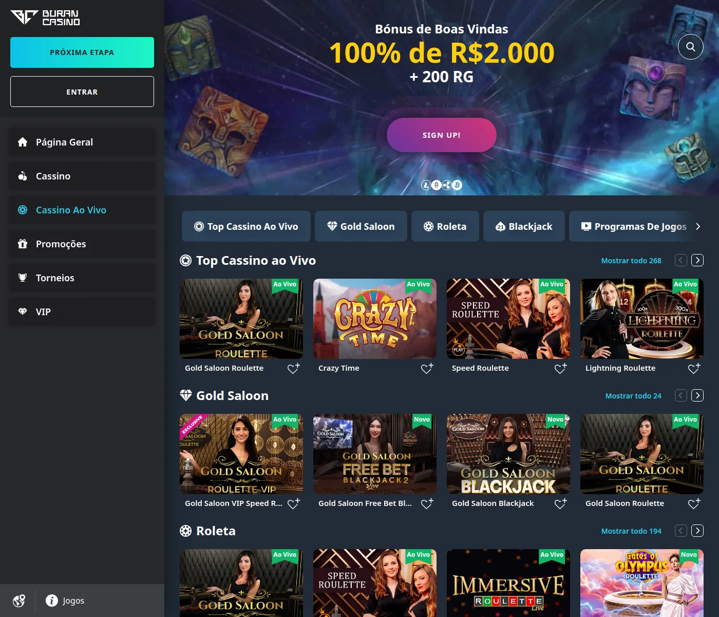 Cassino ao vivo do Buran com 268 mesas, incluindo Crazy Time e Monopoly Big Baller