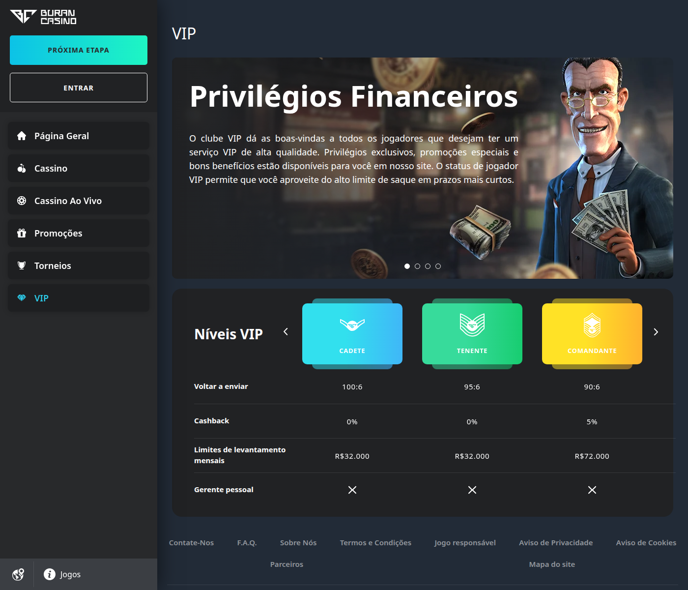 Página do clube VIP do Buran Casino, com privilégios descritos mas sem condições publicadas