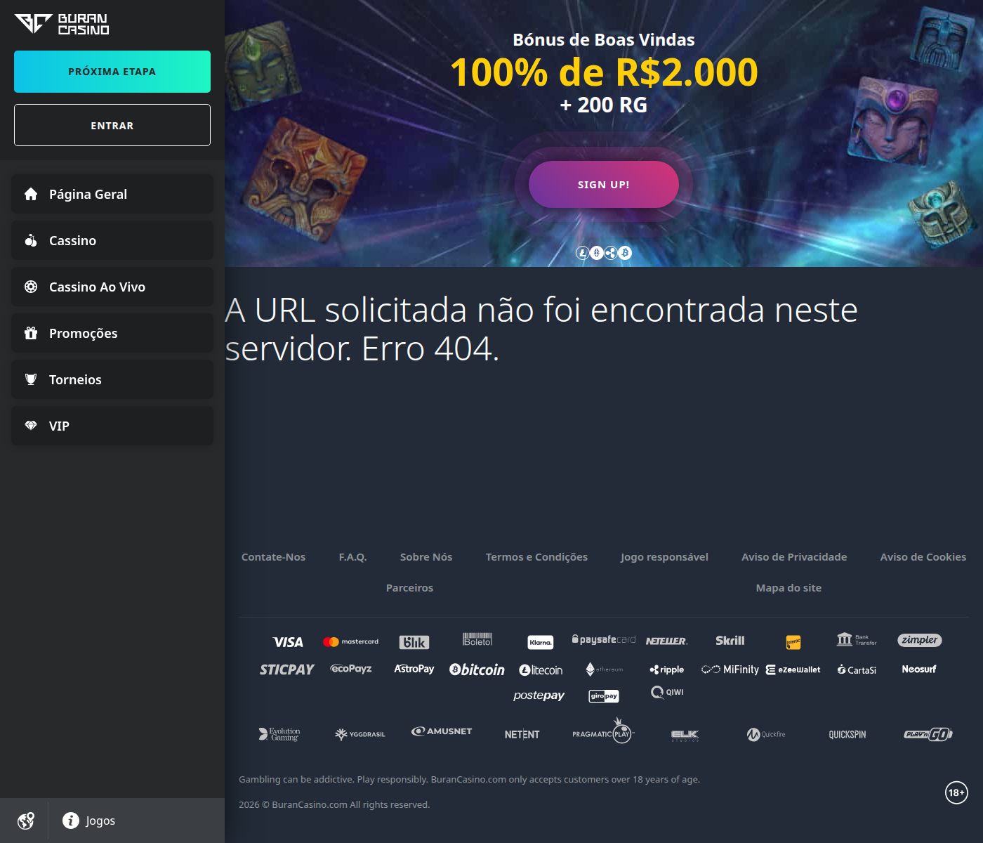 A página de pagamentos do Buran Casino devolve erro 404