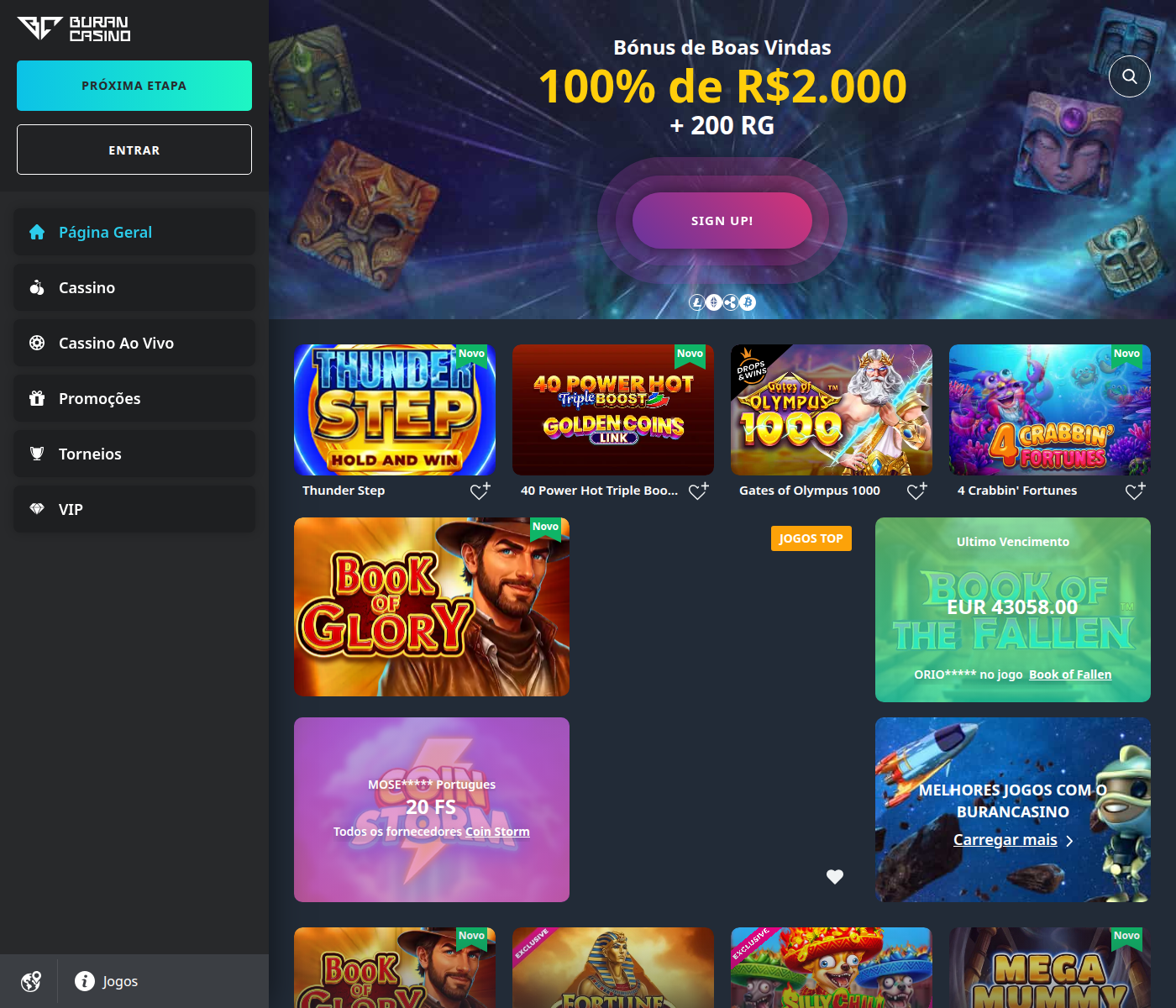 Página inicial do Buran Casino com o bônus de boas-vindas e o modo Jogue por diversão