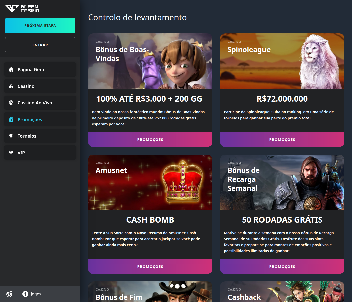 Página de promoções do Buran Casino, onde o bônus de boas-vindas aparece com outro valor