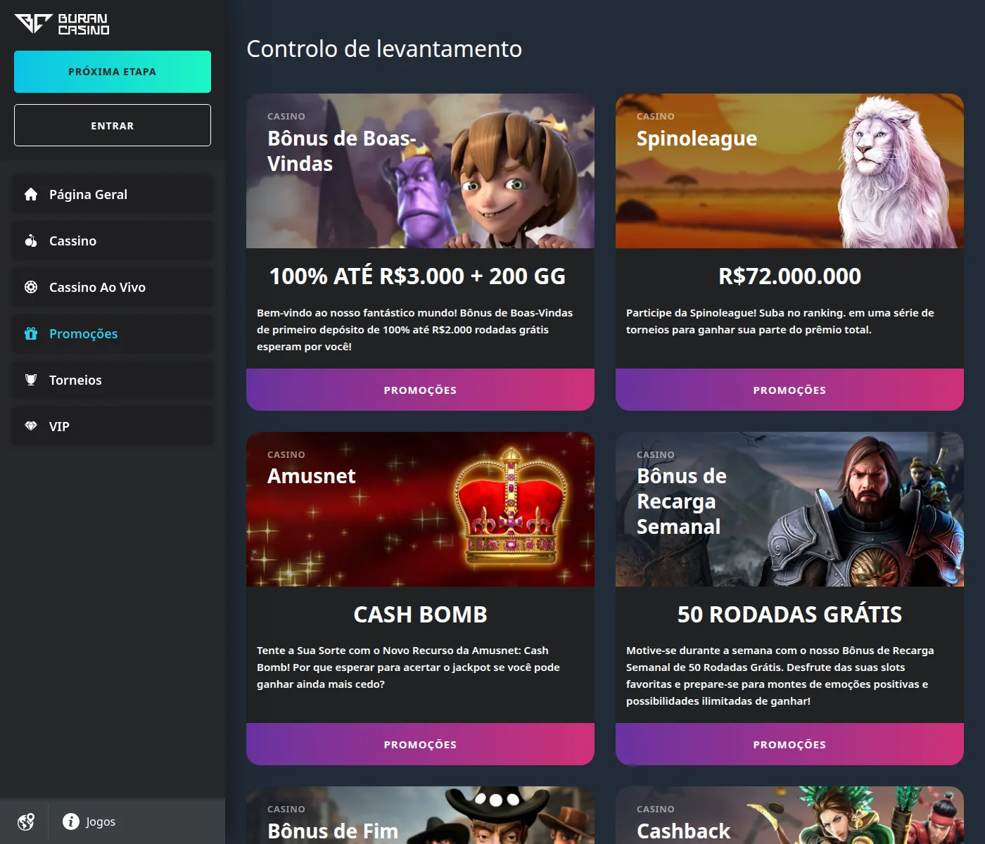 Página de promoções do Buran Casino, onde o bônus de boas-vindas aparece com outro valor