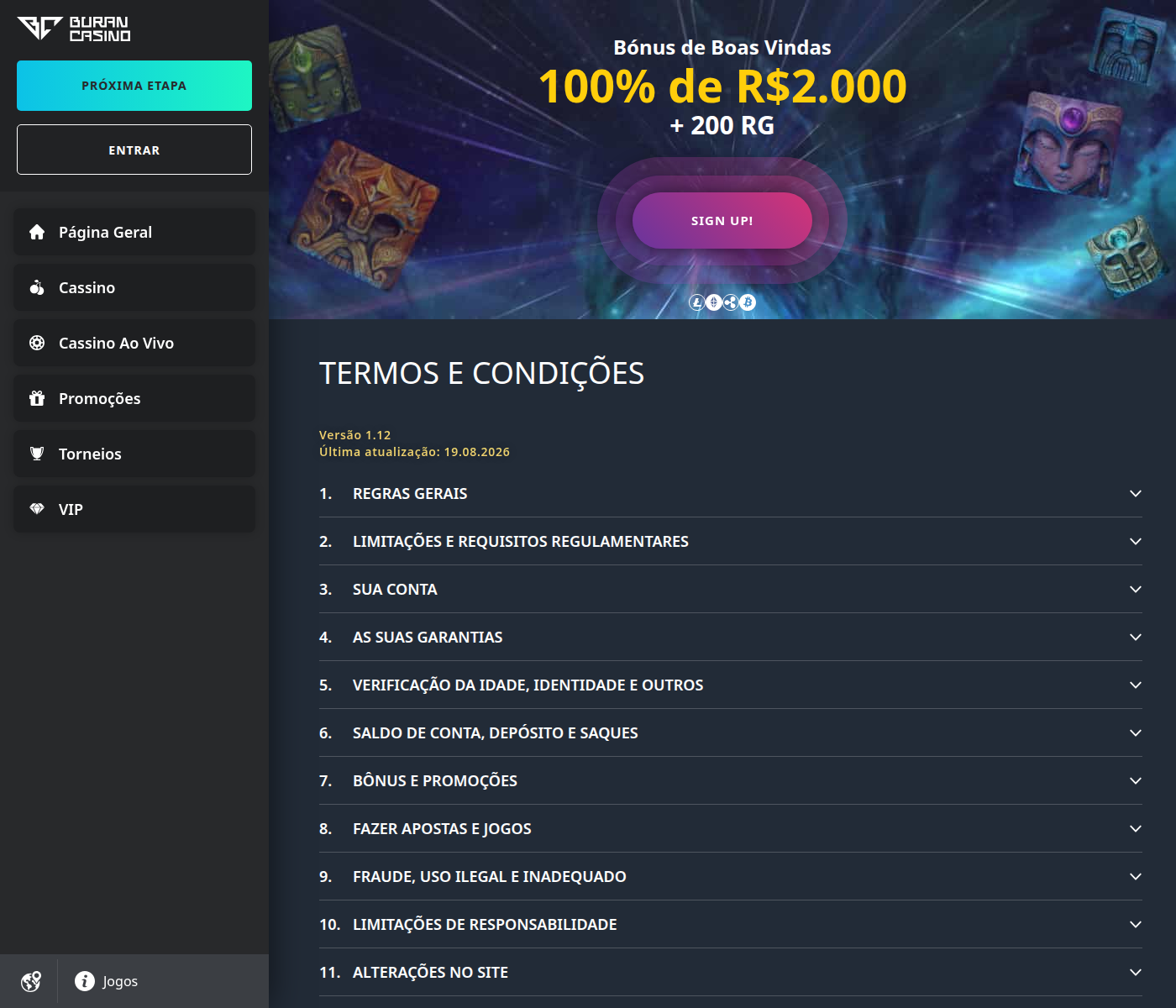 Termos e condições do Buran Casino, versão 1.12, com anexo de pontos de fidelidade