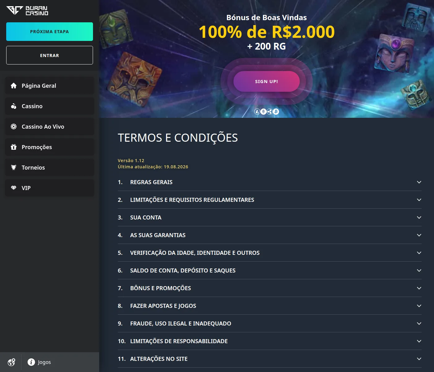 Termos e condições do Buran Casino, versão 1.12, com anexo de pontos de fidelidade
