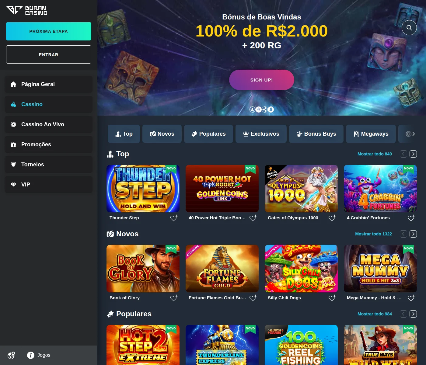 Catálogo do Buran Casino com a prateleira Top a indicar 840 jogos e as abas Novos, Populares, Exclusivos, Bonus Buys e Megaways