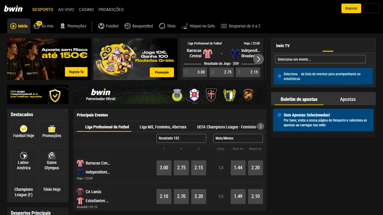 Página inicial da Bwin, casa de apostas com licença do SRIJ