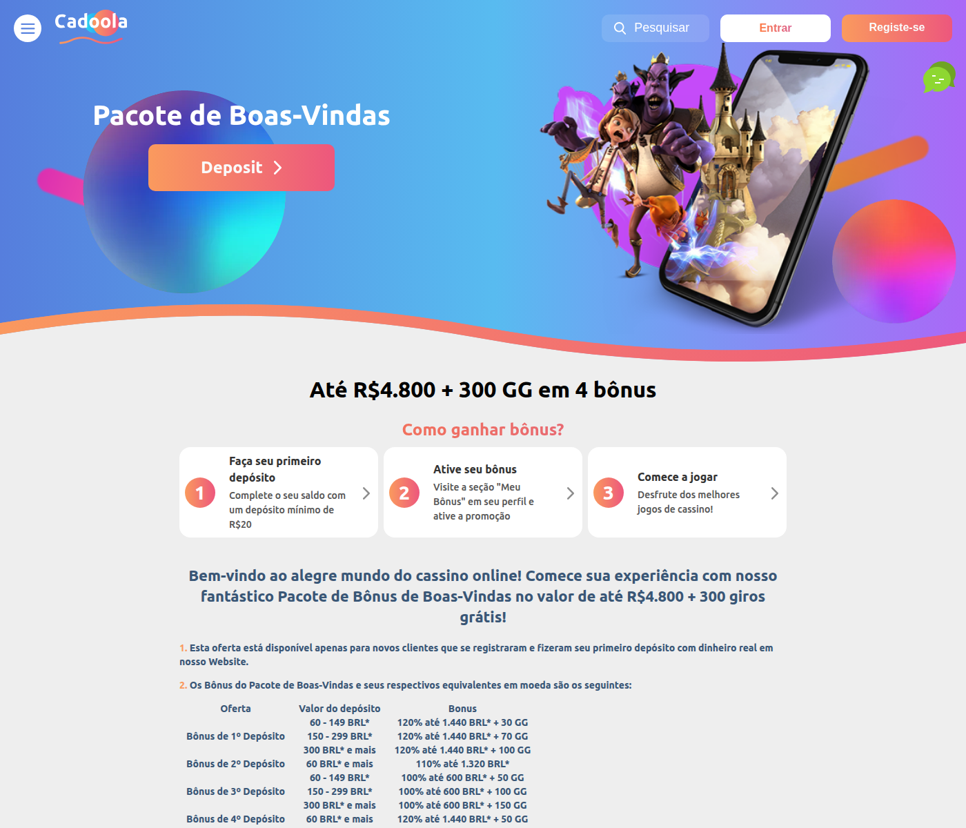 Os três passos para ativar o pacote de boas-vindas da Cadoola, com depósito mínimo de R$ 20