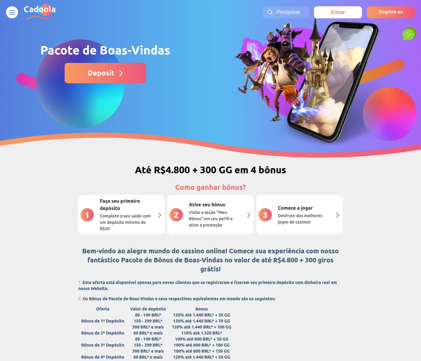 Os três passos para ativar o pacote de boas-vindas da Cadoola, com depósito mínimo de R$ 20