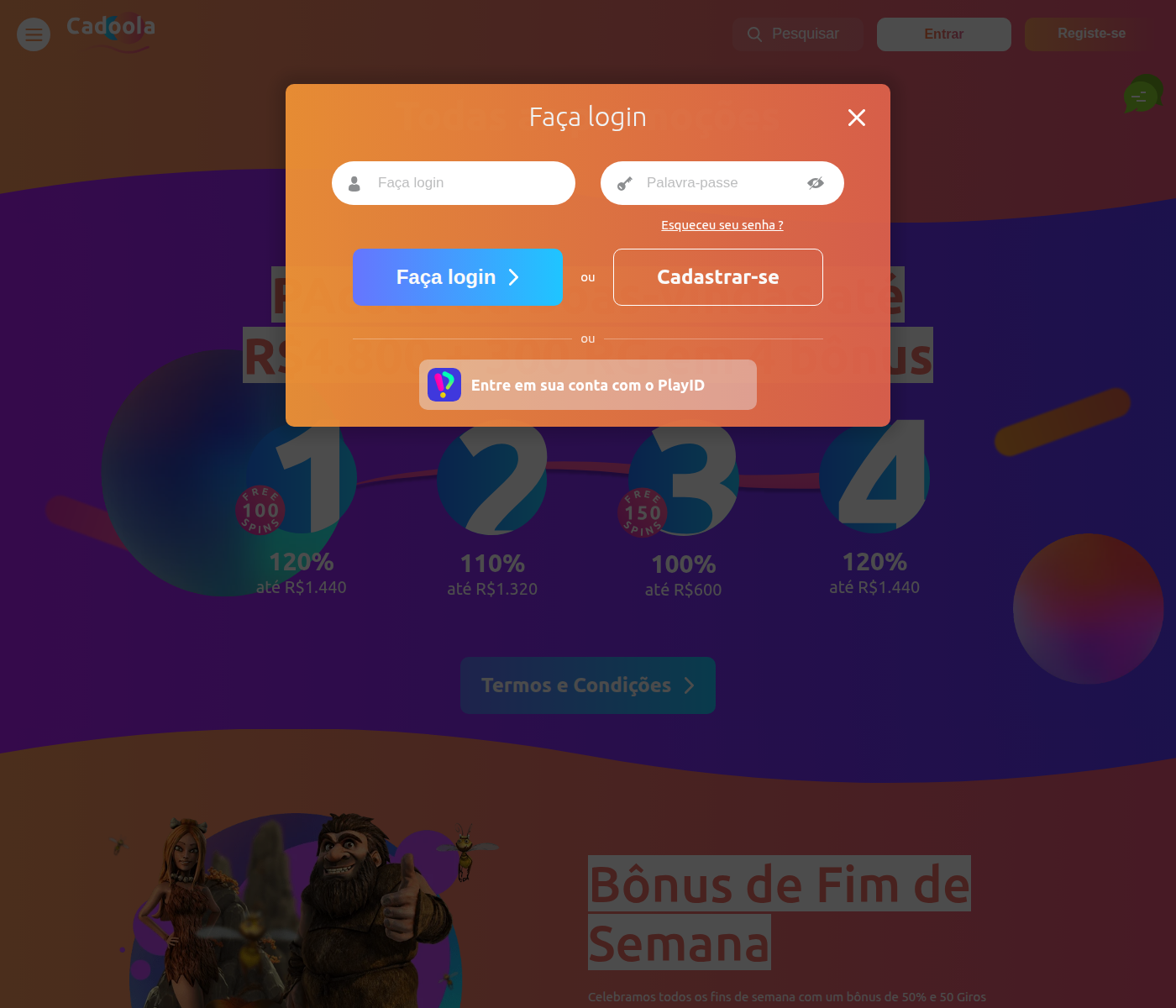 Página de promoções da Cadoola com cashback semanal, ao vivo e a SpinoLeague