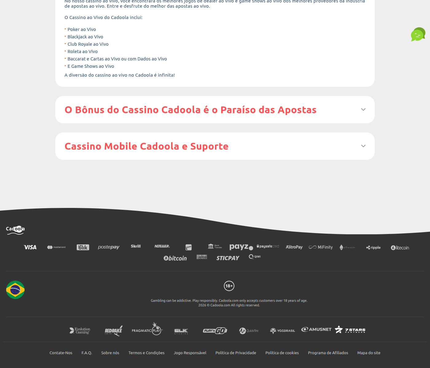 Rodapé da Cadoola com o cadastro em BRL, EUR ou USD e o aviso de jogo responsável