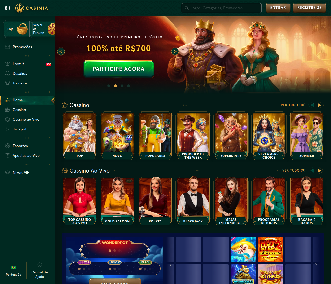 Página inicial da Casinia Brasil com os quatro bônus de boas-vindas e o menu Loot it