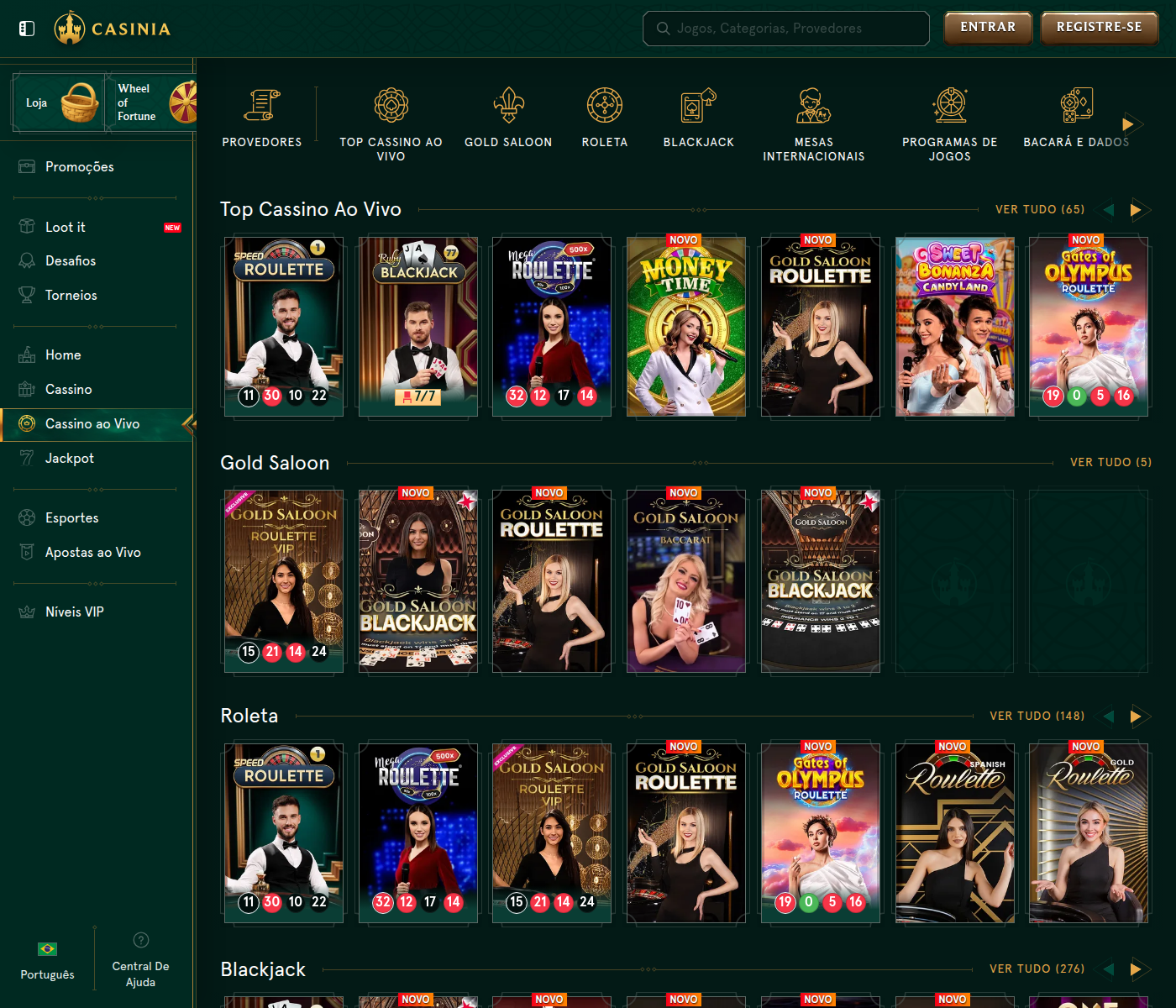 Cassino ao vivo da Casinia com Gold Saloon, roletas de marca e programas de jogos