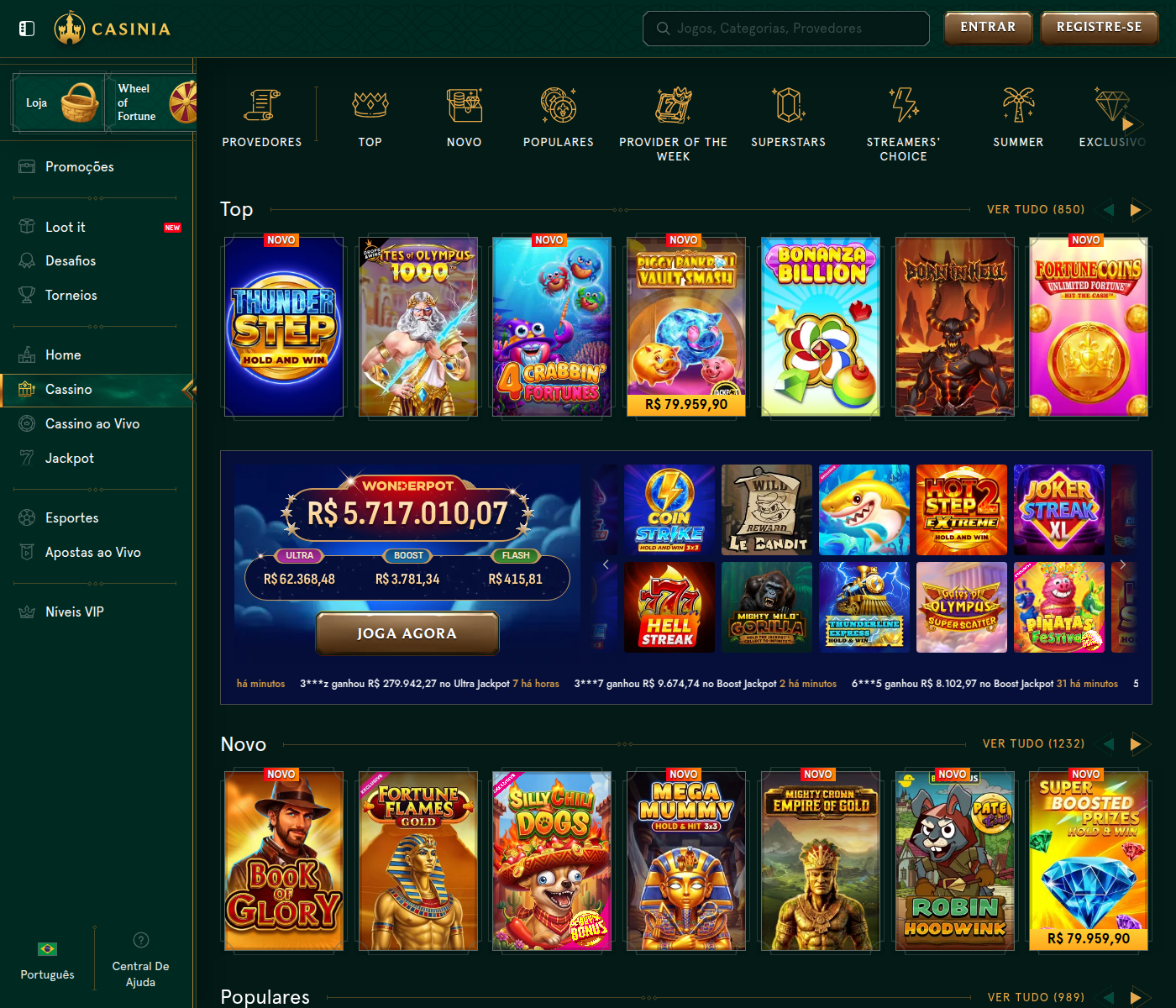 Catálogo de cassino da Casinia com quinze prateleiras e 850 jogos no topo