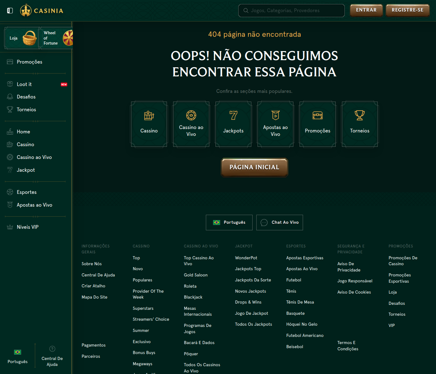 A página de coleções da Casinia devolve erro 404 apesar de anunciada na página inicial