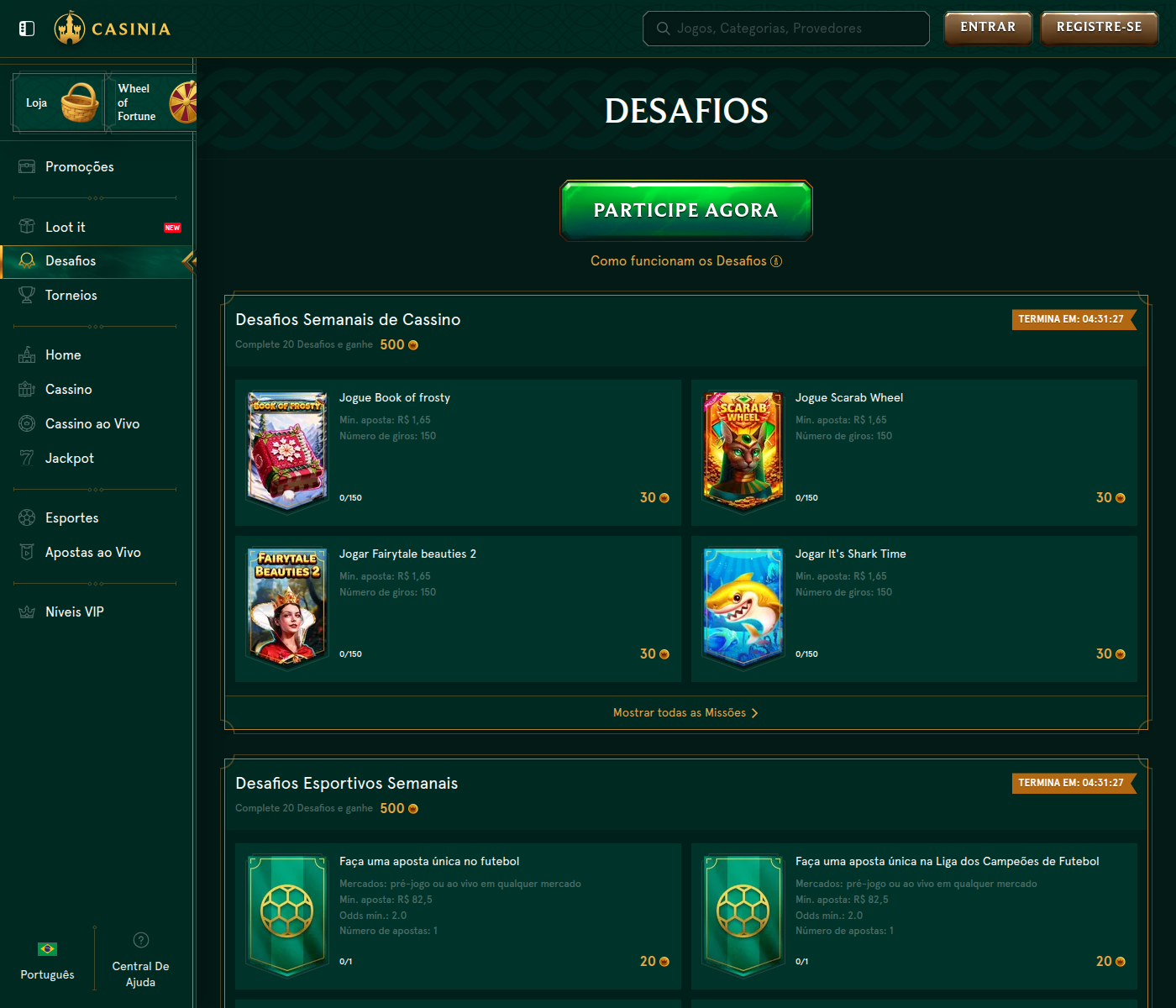Desafios semanais da Casinia com aposta mínima e recompensa em moedas de cada missão