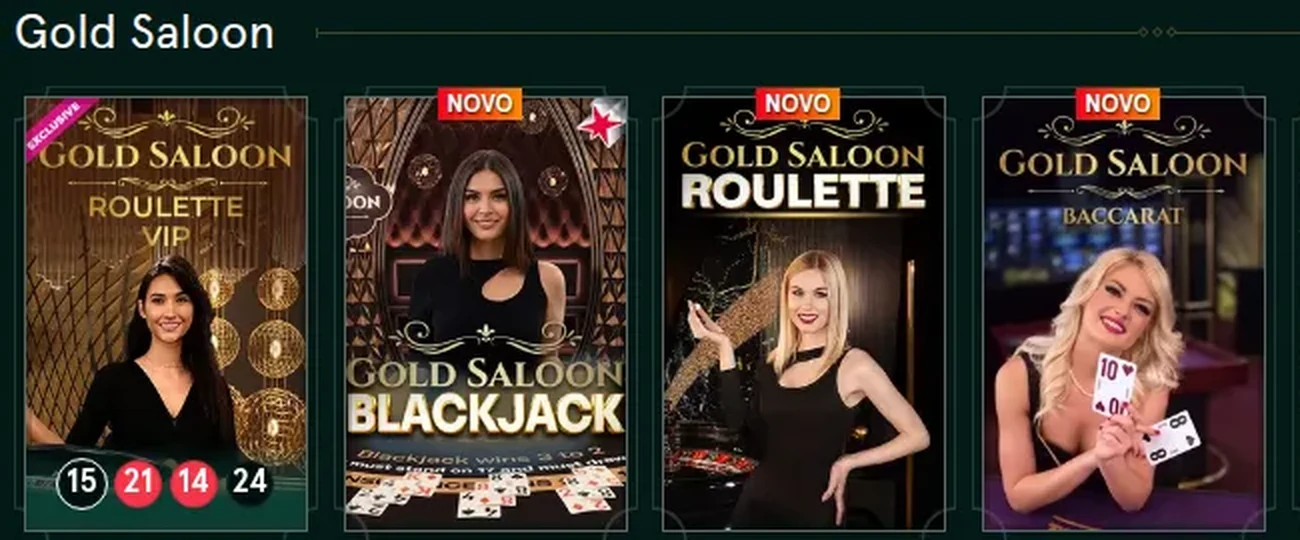 Sala Gold Saloon do cassino ao vivo da Casinia: Gold Saloon Roulette VIP, Gold Saloon Blackjack, Gold Saloon Roulette e Gold Saloon Baccarat