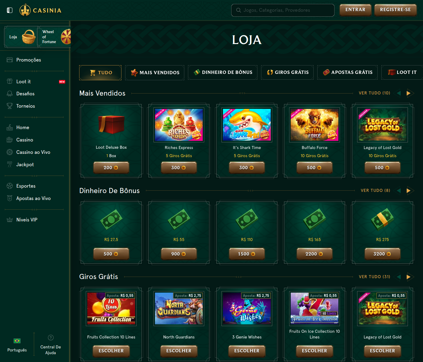 Loja da Casinia com a Loot Deluxe Box e as prateleiras de dinheiro de bônus e giros