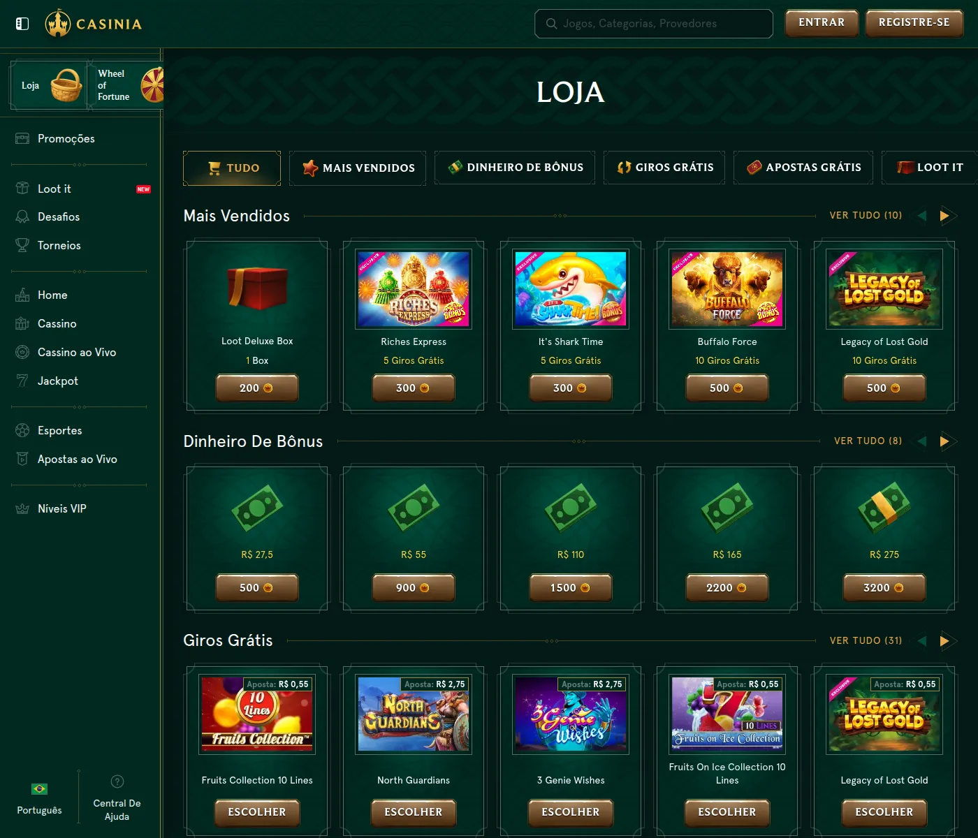 Loja da Casinia com a Loot Deluxe Box e as prateleiras de dinheiro de bônus e giros