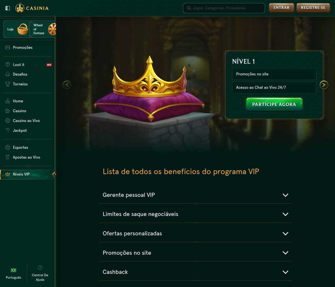 Os cinco níveis VIP da Casinia, do Nível 1 ao Nível 5