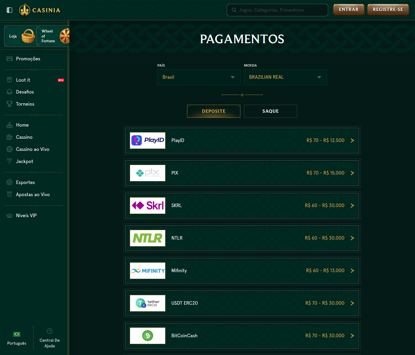 Tabela de pagamentos da Casinia no Brasil, com Pix e quinze criptomoedas em reais